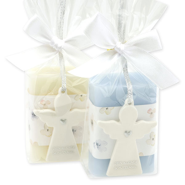 Sheep milk soap square 100g decorated with guardian angel with heart in a cellophane bag, Classic/Forget-me-not 