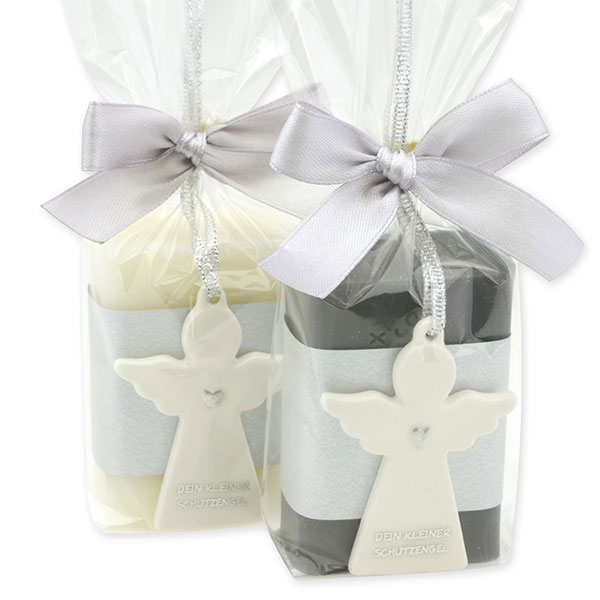 Sheep milk soap square 100g decorated with guardian angel with heart in a cellophane bag, Classic/Christmas rose 