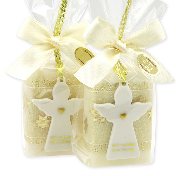 Schafmilchseife eckig 100g dekoriert mit Schutzengel mit Herz in Cello, Classic/Schneerose 
