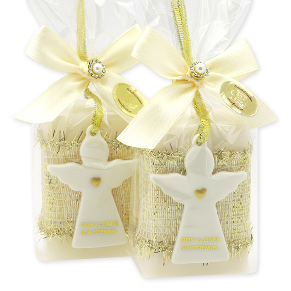 Schafmilchseife eckig 100g dekoriert mit Schutzengel mit Herz in Cello, Classic/Schneerose 