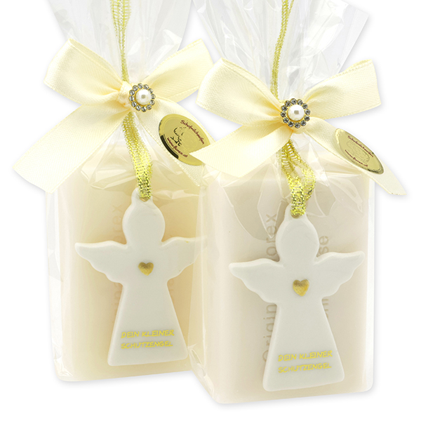 Schafmilchseife eckig 100g dekoriert mit Schutzengel mit Herz in Cello, Classic/Schneerose 