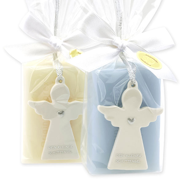 Sheep milk soap square 100g decorated with guardian angel with heart in a cellophane bag, Classic/Forget-me-not 