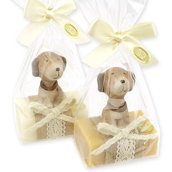 Sheep milk soap 100g decorated with a dog in a cellophane, Classic/swiss pine 