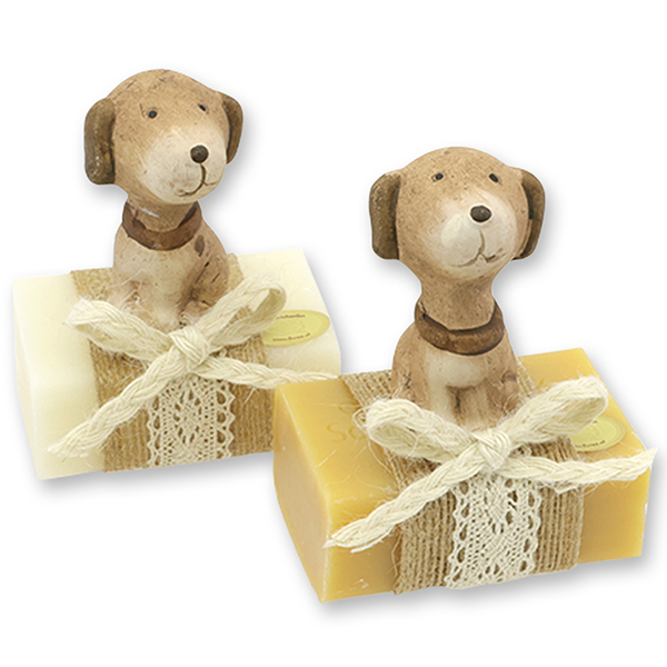 Schafmilchseife eckig 100g dekoriert mit Hund,  Classic/Zirbe 