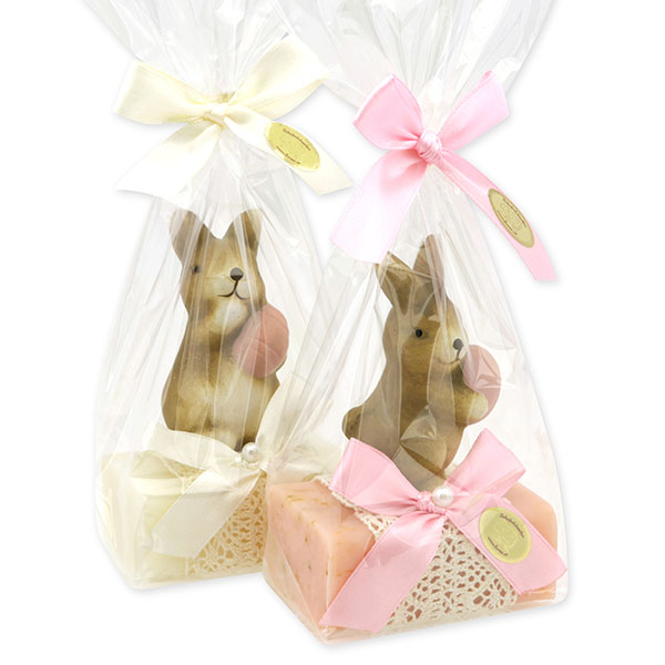 Sheep milk soap 100g decorated with a rabbit in a cellophane, Classic/Wild rose with petals 