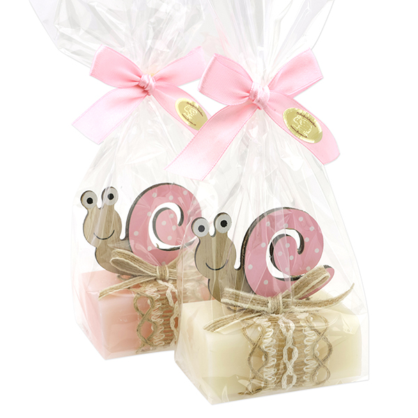 Schafmilchseife eckig 100g dekoriert mit Schnecke in Cello, Classic/Jasmin 