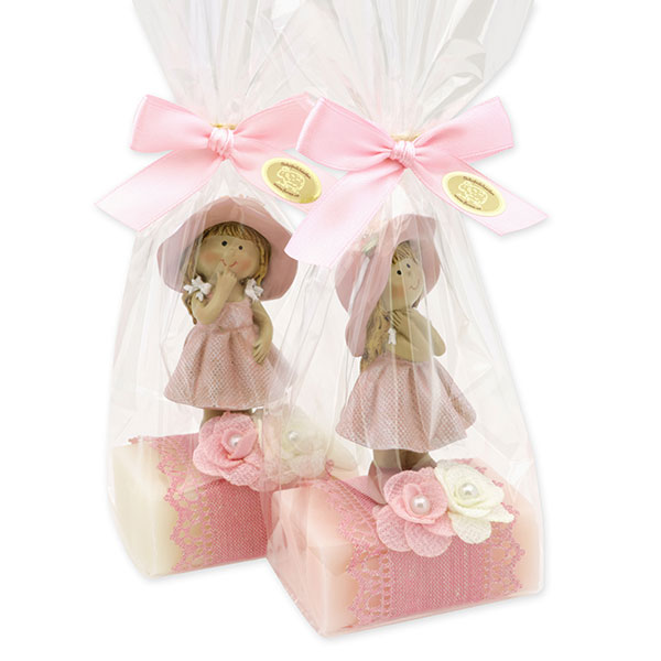 Sheep milk soap 100g decorated with a flower child in a cellophane, Classic/Jasmine 