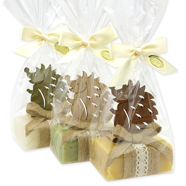 Schafmilchseife eckig 100g dekoriert mit Igel in Cello, sortiert 