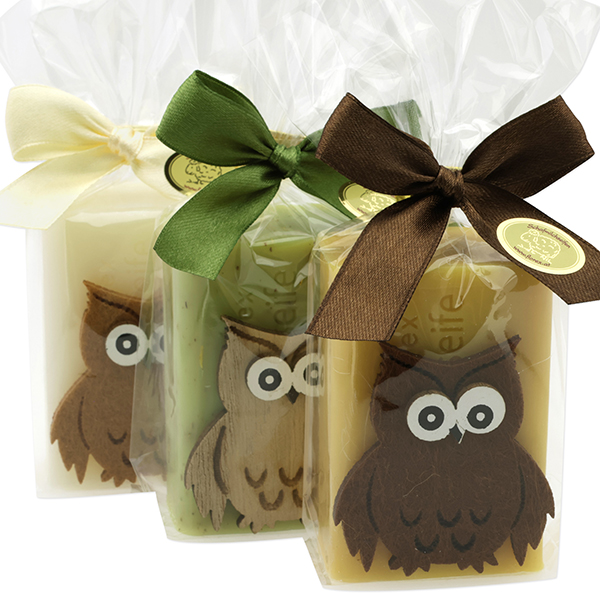 Schafmilchseife eckig 100g dekoriert mit Eule in Cello, sortiert 