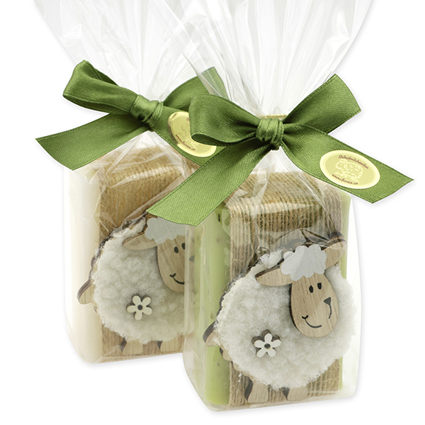 Schafmilchseife eckig 100g dekoriert mit Schaf in Cello, Classic/Eisenkraut 