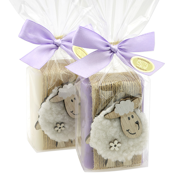 Schafmilchseife eckig 100g dekoriert mit Schaf in Cello, Classic/Lavendel 