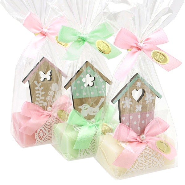 Sheep milk soap 100g decorated with a house in a cellophane, sorted 