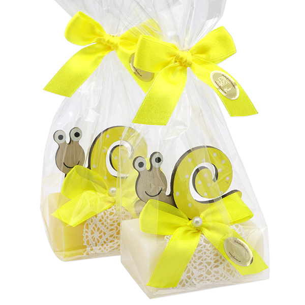 Schafmilchseife eckig 100g dekoriert mit Schnecke in Cello, Classic/Kamille 