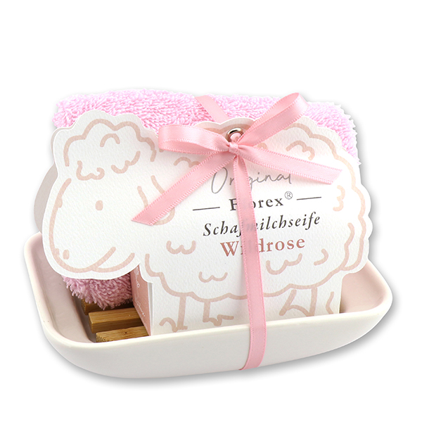 Soap dish porcelain, decorated with a sheep milk soap  100g, in a sheep paper box, Wild rose 