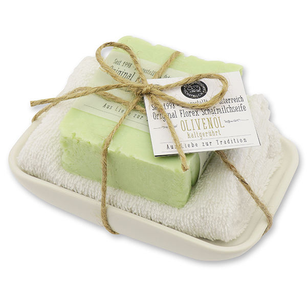 Cold-stirred soap 150g with towel and soap dish "Love for tradition", Olive oil 