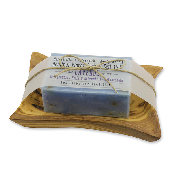 Cold-stirred sheepmilk soap 100g packed in a cellophane on a rectangular soap dish made out of olivewood decorated with a label "Love for tradition", Lavender 