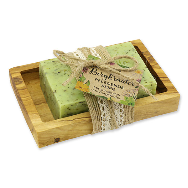 Sheep milk soap 150g on a olive wood soap dish "feel-good time", Mountain herbs 