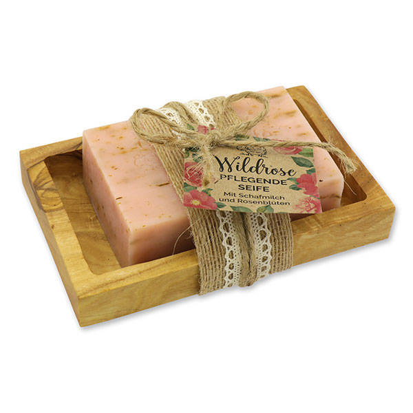 Sheep milk soap 150g on a olive wood soap dish "feel-good time", Wild rose 