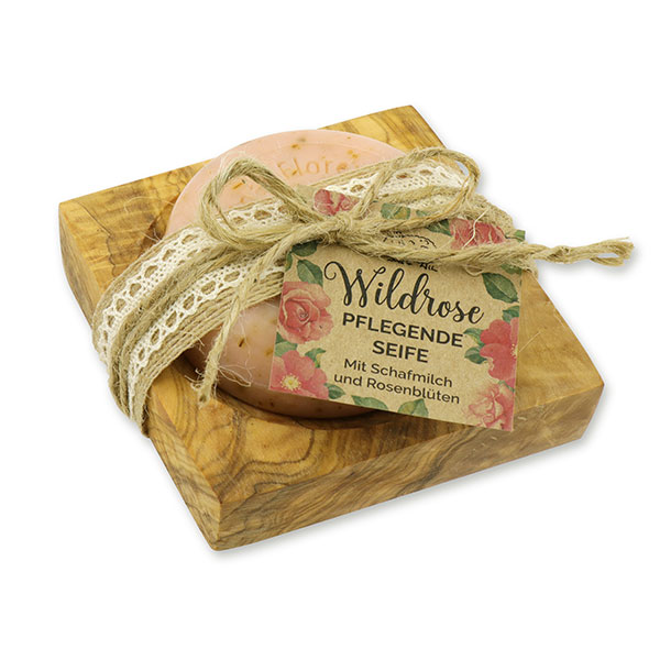 Sheep milk soap round 100g on a olive wood soap dish "feel-good time", Wild rose with petals 