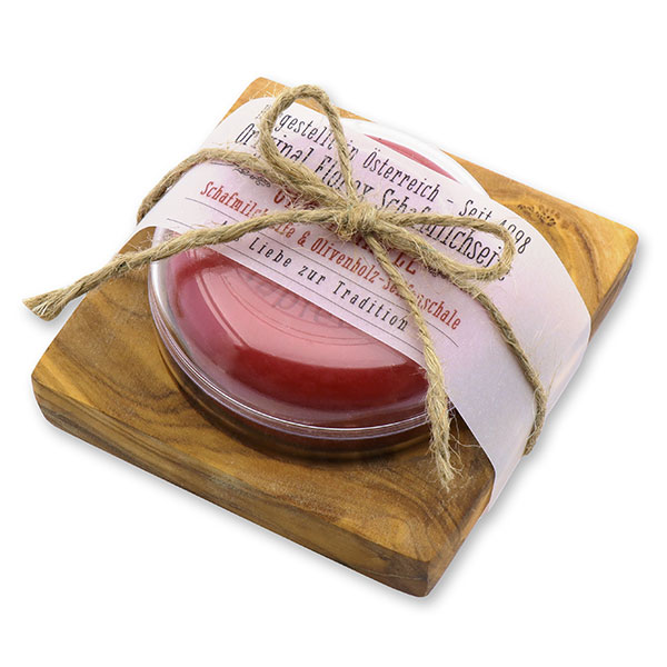 Sheepmilk soap round 100g in a can, on a soap dish of olivewood "Love for tradition", Pomegranate 