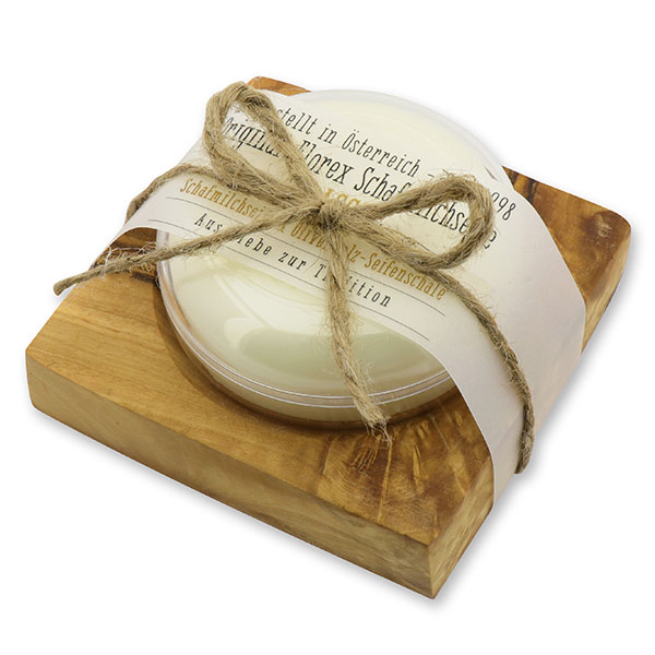 Sheepmilk soap round 100g in a can, on a soap dish of olivewood "Love for tradition", Classic 