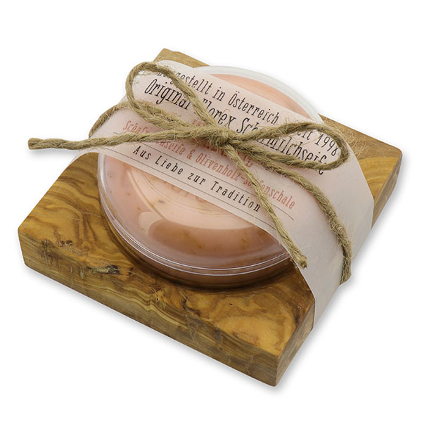 Sheepmilk soap round 100g in a can, on a soap dish of olivewood "Love for tradition", Wild rose 