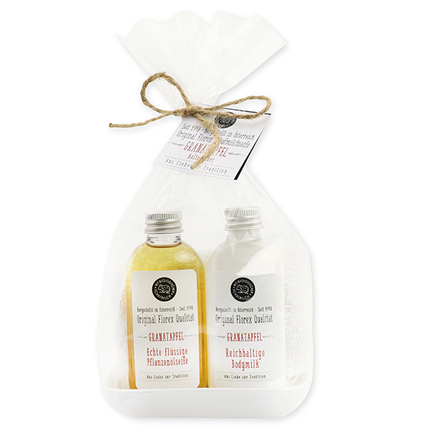 Real liquid vegetable oil soap & body milk 75ml on porcelain soap dish with washcloth, Pomegranate 