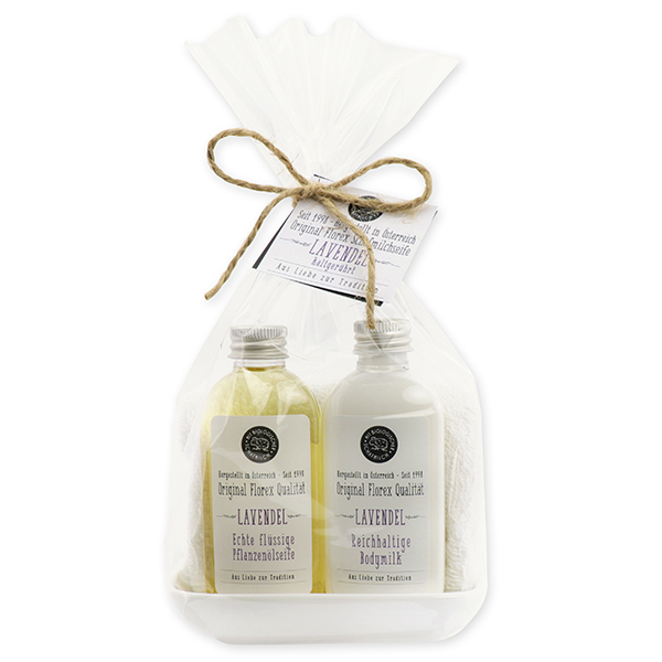 Real liquid vegetable oil soap & body milk 75ml on porcelain soap dish with washcloth, Lavender oil 