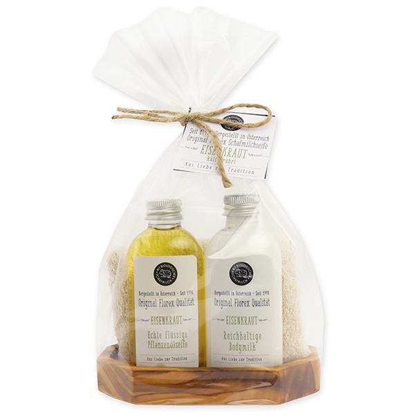 Real liquid vegetable oil soap & body milk 75ml on olive wood soap dish with washcloth, Verbena 