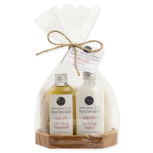 Real liquid vegetable oil soap & body milk 75ml on olive wood soap dish with washcloth, Pomegranate 