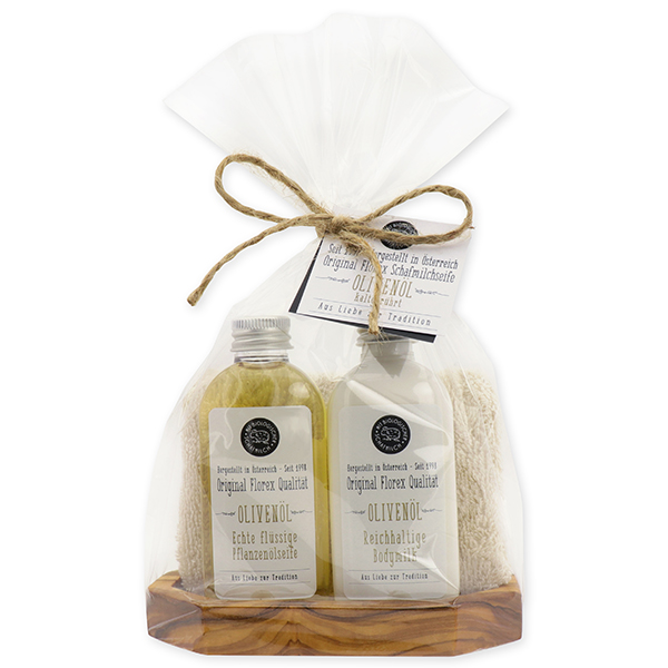 Real liquid vegetable oil soap & body milk 75ml on olive wood soap dish with washcloth, Olive oil 