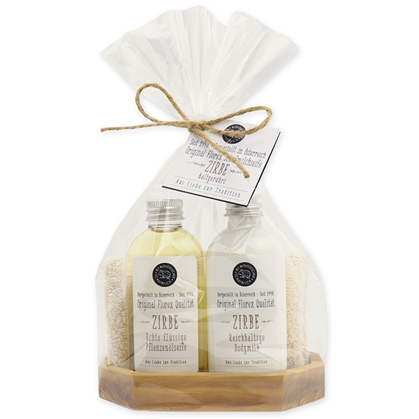 Real liquid vegetable oil soap & body milk 75ml on olive wood soap dish with washcloth, Swiss pine 