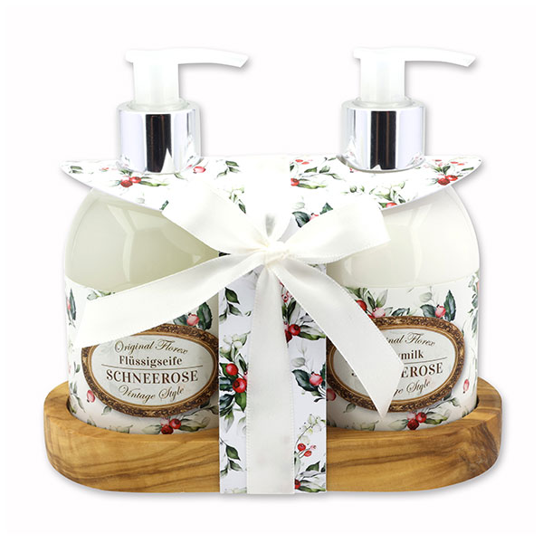 Body milk 250ml and liquid soap 250ml on a wooden shelf "Vintage motif 218", Christmas rose white 