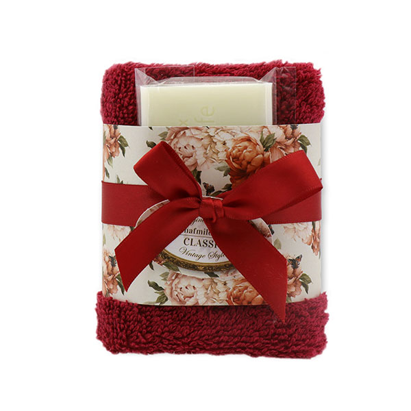 Sheep milk soap 35g and towel 30x30cm bordeaux "Vintage motif 189", Classic 