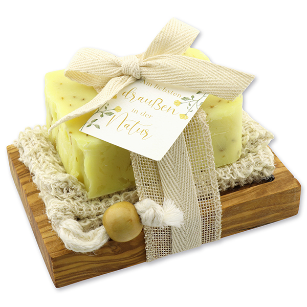 Cold-stirred sheep milk soap 150g packed in a soap holder "Am liebsten draußen...", Marigold 