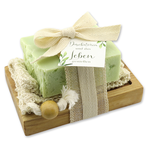 Cold-stirred sheep milk soap 150g packed in a soap holder "Durchatmen und...", Olive 