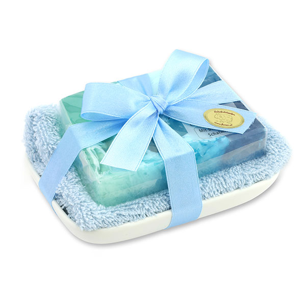 Handmade glycerin soap 90g in cello on a soap dish, Blue diamond 