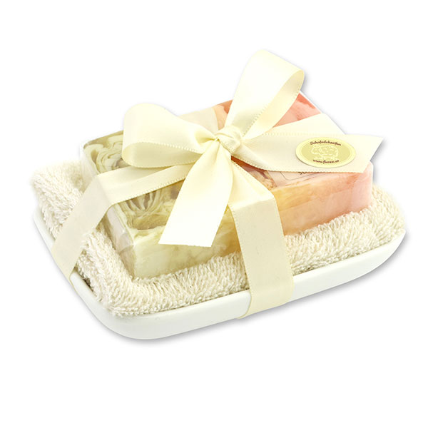 Handgemachte Glycerinseife 90g in Folie auf Seifenschale, Freesie 