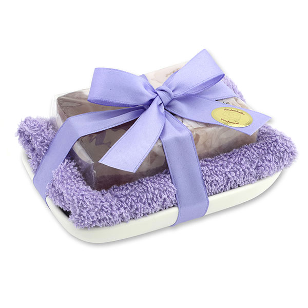 Handmade glycerin soap 90g in cello on a soap dish, Blueberry-Blackberry 