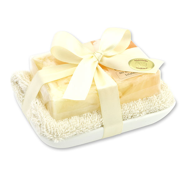 Handgemachte Glycerinseife 90g in Folie auf Seifenschale, Rosentraum 