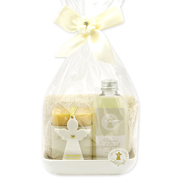 Pflegeset 4-teilig dekoriert mit Schutzengel mit Herz in Cello, Classic/Zirbe 