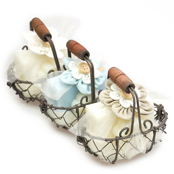 Wire basket filled with sheep milk soap 100g and flower 20g Classic, decorated with a flower, Classic/Forget-me-not 