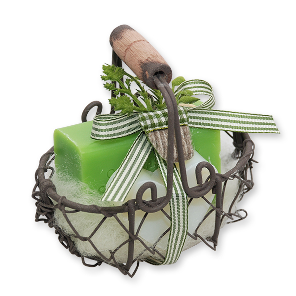 Wire basket filled with sheep's milk soap square 100g and heart 23g Classic, decorated with herb pot, Apple 