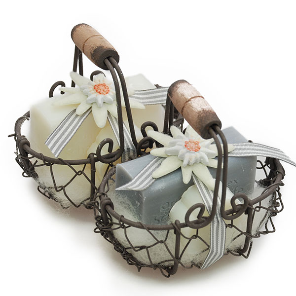 Wire basket filled with sheep milk soap 100g and flower 20g, decorated with Edelweiss, Edelweiss white/silver 