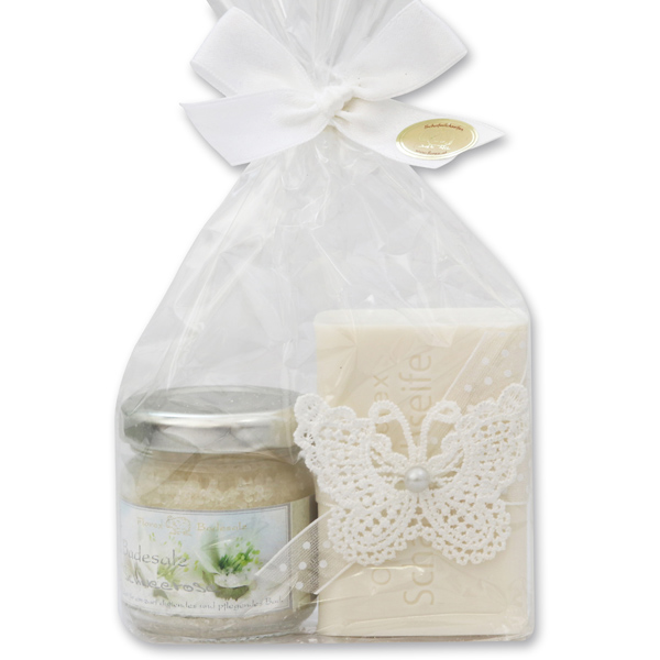 Bath set 2 pieces in a cellophane bag, Christmas rose white 