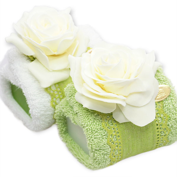 Sheep milk soap 100g in a washcloth, decorated with a rose, Classic/apple 