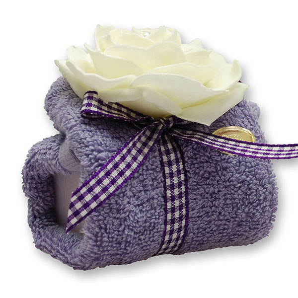 Sheep milk soap 100g in a washcloth, decorated with a rose, Lilac 