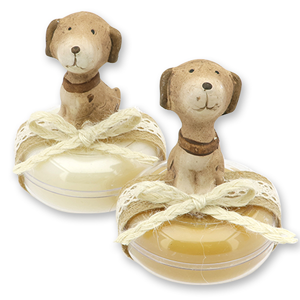 Schafmilchseife rund 100g in der Dose dekoriert mit Hund,  Classic/Zirbe 