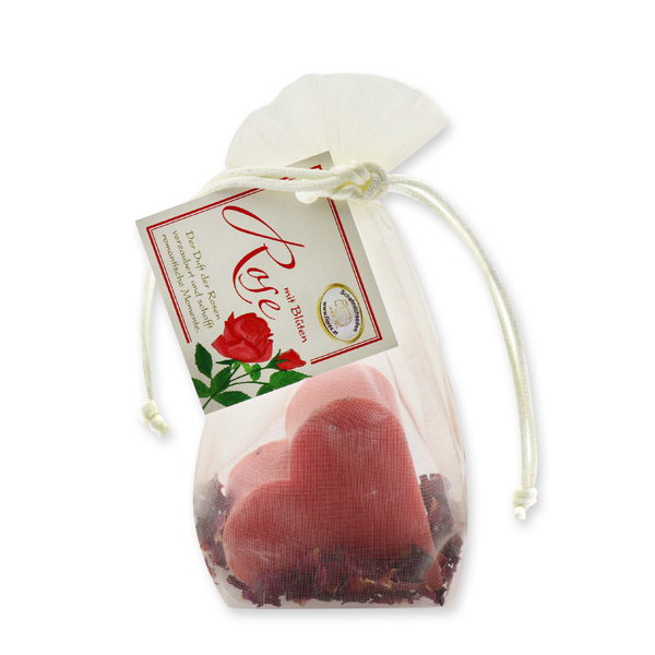 Sheep milk soap heart 65g, with rose petals in organza, Rose with petals 