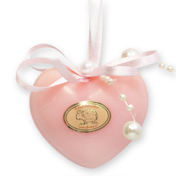 Sheep milk soap heart 30g hanging, decorated with a pearl ribbon, Peony 